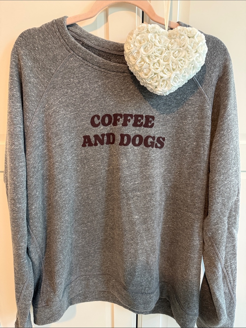 Coffee and Dogs Graphic Sweatshirt - Gray with Maroon Text